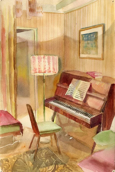 Akvarelová Kresba Fragmentu Interiéru Malého Obytného Bytu Obývací Pokoj Klavír — Stock fotografie