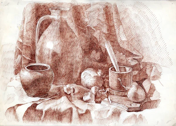 Illustrazione Nature Morte Stile Rustico Mediterraneo Realizzata Con Penna Inchiostro — Foto Stock