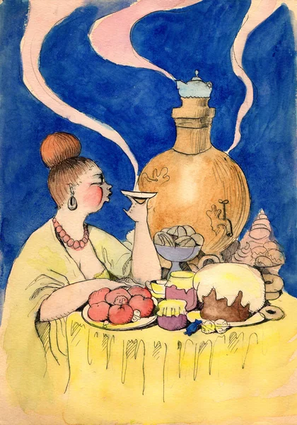 Kırmızı Boncuklu Sarı Şallı Bir Kadının Komik Bir Çizimi Çay — Stok fotoğraf