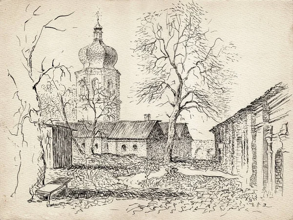 在古老的建筑景观上 手绘了雪尔尼科夫叶利茨基修道院钟楼和囚室的水墨画和笔画 旧纸上的黑白涂鸦图解 — 图库照片