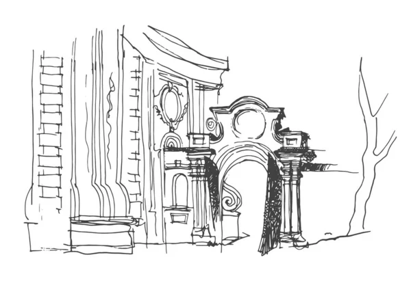 Χειροποίητο Διανυσματικό Σχέδιο Αρχαίας Πύλης Εισόδου Στον Τοίχο Του Αρχιτεκτονικού — Διανυσματικό Αρχείο