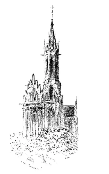 Tinta Dibujada Mano Pluma Paisaje Urbano Bosquejo Antigua Iglesia Católica — Archivo Imágenes Vectoriales