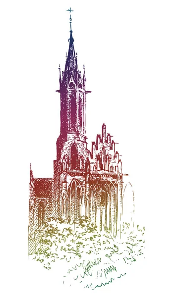 Рука Намальована Чорнилом Ручкою Міський Пейзаж Ескіз Давньокатолицької Церкви Палаючому — стоковий вектор