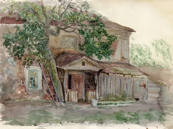 Vintage Watercolor Landscape Ancient Old Wooden Houses Courtyard Monastery Chernihiv — Stock Photo, Image