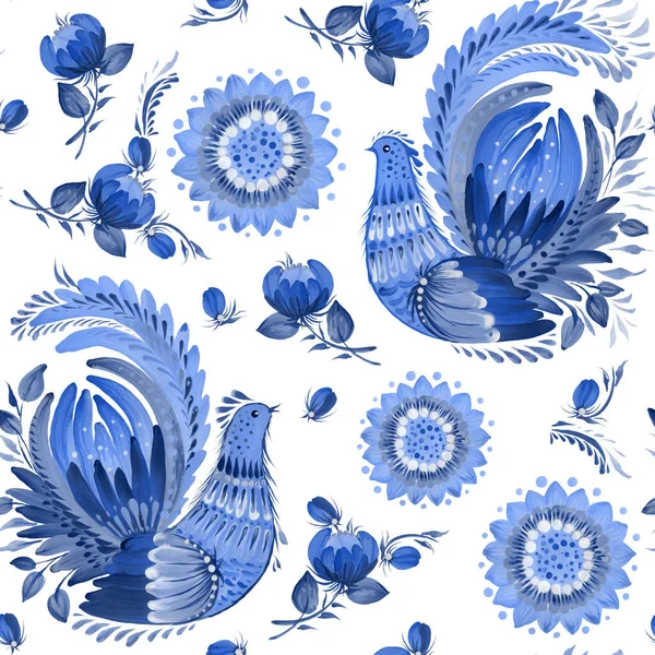 Kwiatowy Bezszwowy Wzór Ukraińskim Stylu Malarstwa Ludowego Petrykowka Niebieski Kolorowe — Zdjęcie stockowe