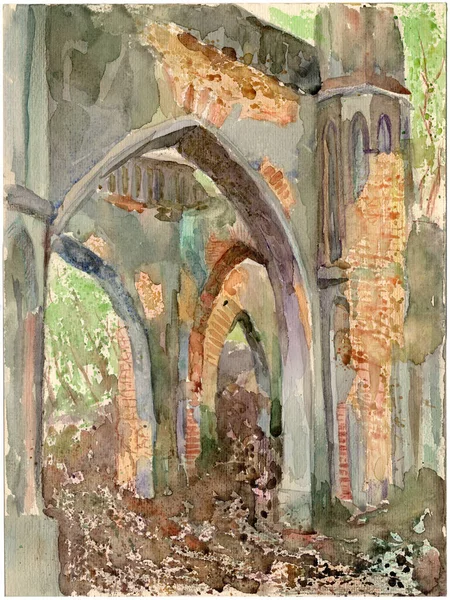 Akwarelowy Krajobraz Romantycznymi Ruinami Mostu Stylu Gotyckim Starym Parku Opuszczonego — Zdjęcie stockowe