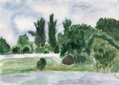 Ukrayna 'nın Kiev şehrinde küçük bir nehir seti barajı, eski bir park, kavak ve ıhlamur ağaçları olan suluboya vintage manzara. Kitap kapağı için renkli resimleme