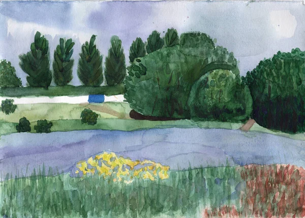 乌克兰基辅市的水彩画古树景观 拥有一座小河堤坝和老公园 杨树和林登树 书籍封面的彩色插图 — 图库照片