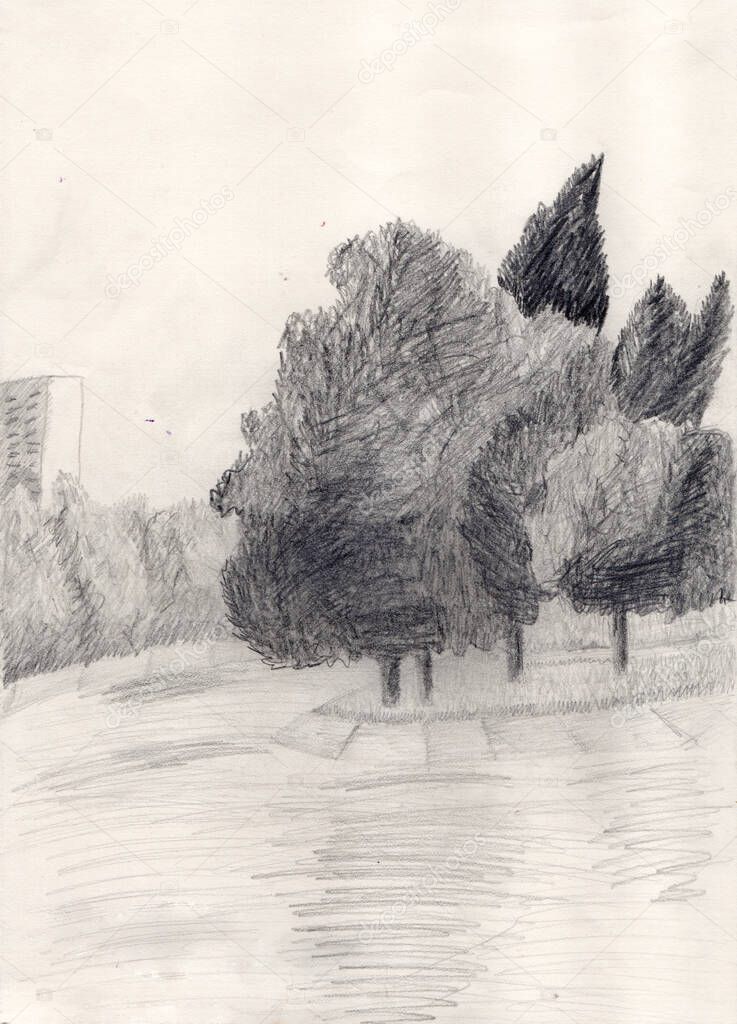 Pencil drawn landscape with a small river embankment dam and old park, poplar, linden and willow trees. Monochrome illustration for book cover