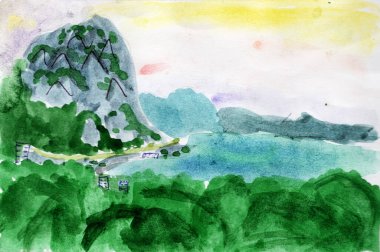 Suluboya Karadeniz kıyısı manzarası günbatımı, dağlar, kumlu sahil ve tropikal gökyüzü arka planında parlak deniz koy