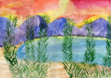 Kırmızı günbatımlı suluboya fantezi tropikal deniz manzarası, volkan dağları, kumlu plaj ve bulutlu gökyüzü arka planında palmiye ağaçları. Kitap kapağı ve seyahat broşürü için renkli illüstrasyon