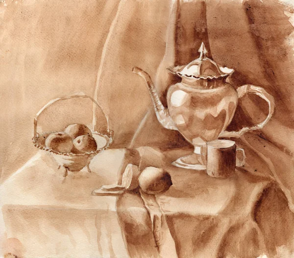 Ročník Akvarel Zátiší Stříbrným Hrncem Kávy Indie Koloniálním Stylu Zlacenou — Stock fotografie