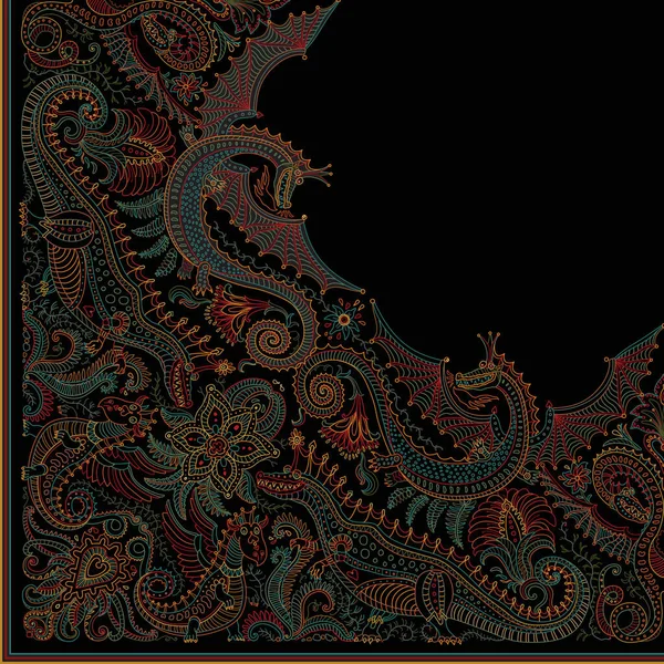 Векторний Фентезійний Дракон Друкує Чорному Тлі Візерунок Пейслі Намальовані Вручну — стоковий вектор