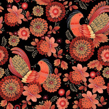Ukrayna folklorik resim stili Petrykivka 'da çiçeksiz desen. Renkli fantezi kuşları, çiçekler, siyah arka planda izole edilmiş yapraklar. Batik, web sayfası dolgu, duvar kağıdı, tekstil baskısı