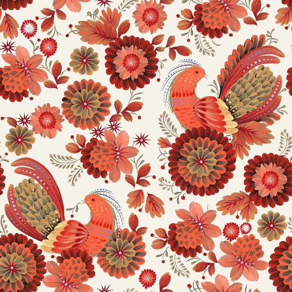 ウクライナの民俗絵画スタイルPetrykivkaで花のシームレスなパターン カラフルなファンタジー鳥 葉はベージュの背景に隔離されています バティック ウェブページの記入 テキスタイルプリント — ストック写真