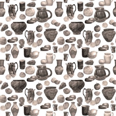 Antika kaplama çanak çömlek, dökme demir kaplar, hafif bir arka planda meyveler ve sebzeler ile suluboya, yaşam monokrom çizimleri. 