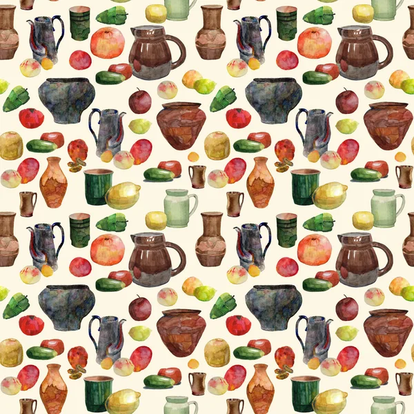 Seamless pattern from Watercolor still life illustrations with antique glazed crockery, black cast iron pot, red and yellow fruits and vegetables on a beige background