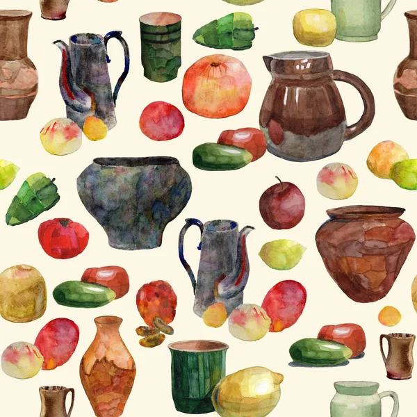 Seamless pattern from Watercolor still life illustrations with antique glazed crockery, black cast iron pot, red and yellow fruits and vegetables on a beige background