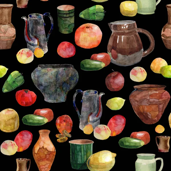 Seamless pattern from Watercolor still life illustrations with antique glazed crockery, black cast iron pot, red and yellow fruits and vegetables on a black background