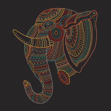 Vektör dekoratif fantezi Hint fil kafası silueti. El çizimi karalama. Koyu renk ince çizgi, siyah arkaplanda etnik süsler. Tişört izi. Batik boyası. Kitap kapağı