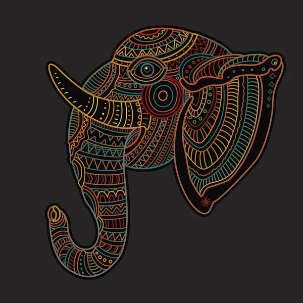 Vecteur Décoratif Fantaisie Orné Tête Éléphant Indien Silhouette Croquis Dessiné — Image vectorielle
