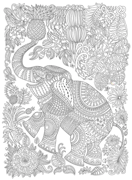 Vector Fantasía Decorativa Adornada Silueta Elefante Flores Fantásticas Zen Frutas — Archivo Imágenes Vectoriales