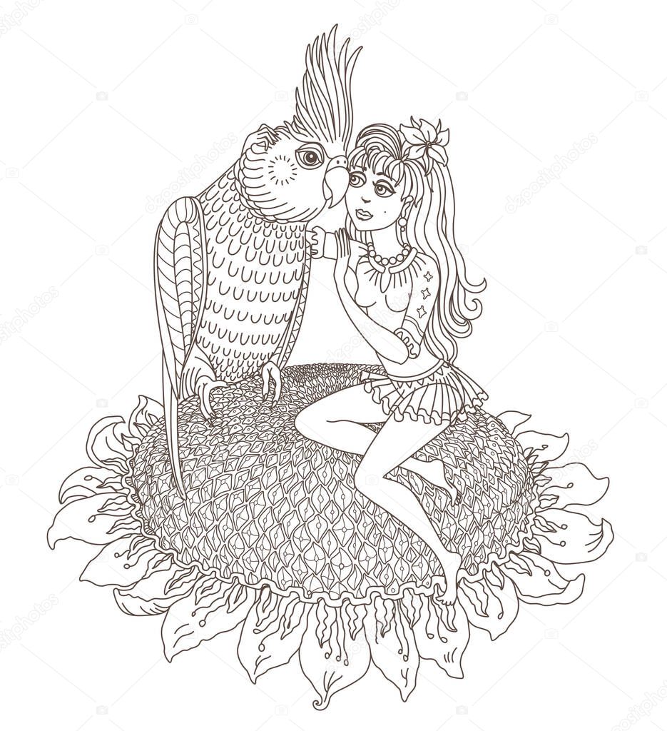 Fairy tale elf girl sits on a sunflower with a cockatiel parrot bird. Coloring book page for adults and children
