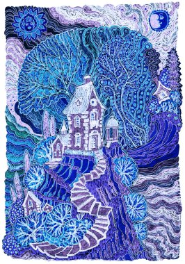 Keçeli kalemlerle boyanmış fantezi deniz manzarası. Akdeniz adasındaki ortaçağ şatosu masalı. Beyaz çerçeveli mavi renkli tişört baskısı