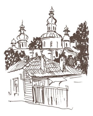 Vektör el, kaliteli mürekkep ve kalem çizimi manzarası çizmiş. Eski sokaktaki ahşap ev, bahçe ve kilise Chernihiv 'deki Ukrayna Barok kubbeleri. Vektör otomatik izleme