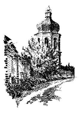 Çan kulesinin ve Chernihiv 'deki manastır duvarının el çizimi mürekkep ve kalem çizimi manzarası. Vektör otomatik izleme