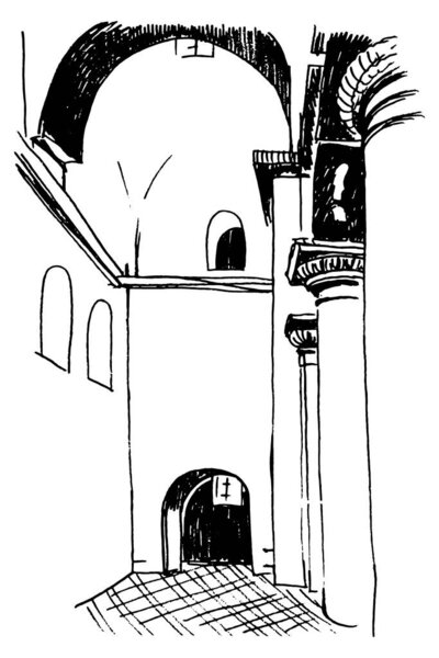 Ручной рисунок чернил и перьевого интерьера старинной православной церкви в Чернигове. Векторный автослед