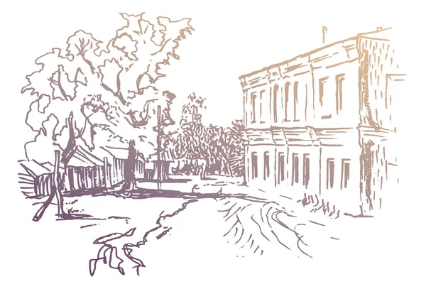 Inchiostro Disegnato Mano Disegno Penna Della Casa Residenziale Del Monastero — Vettoriale Stock