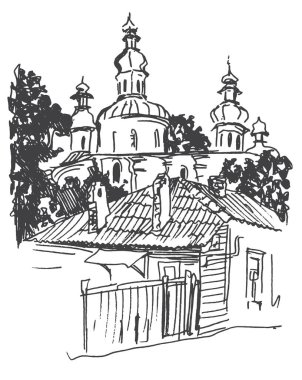 Vektör el, kaliteli mürekkep ve kalem çizimi manzarası çizmiş. Eski sokaktaki ahşap ev, bahçe ve kilise Chernihiv 'deki Ukrayna Barok kubbeleri. Vektör otomatik izleme