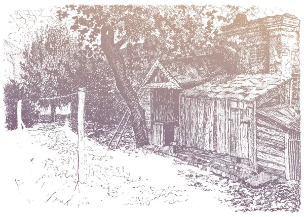 Inchiostro Disegnato Mano Penna Schizzo Paesaggio Antica Casa Residenziale Del — Vettoriale Stock
