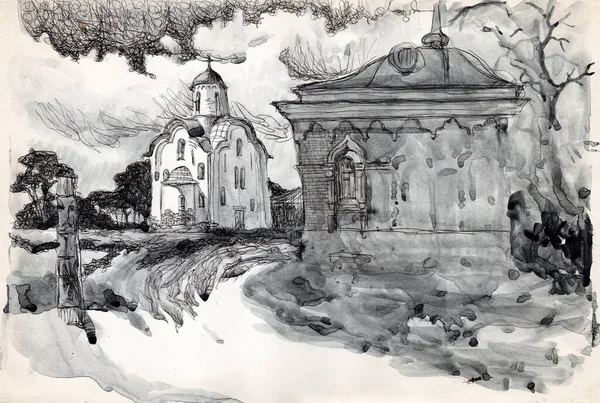 水彩画配以水彩画的水墨笔画建筑草图 俄罗斯普斯科夫古寺教堂 — 图库照片