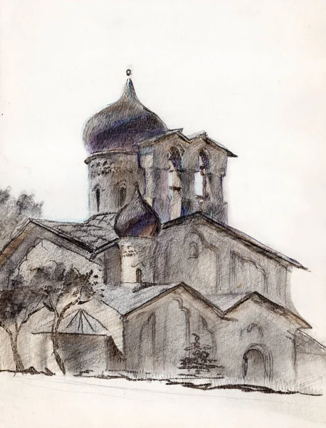 用铅笔和彩色蜡笔画的素描 俄罗斯普斯科夫市一座具有传统钟楼墙的古老教堂 — 图库照片