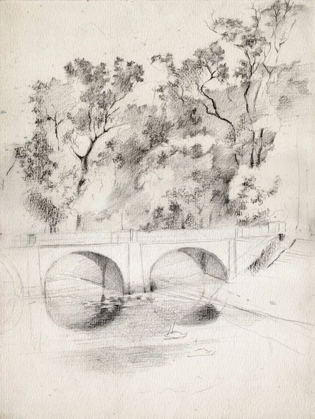 Desenho Desenho Lápis Vintage Sobre Papel Envelhecido Lago Pitoresco Uma — Fotografia de Stock