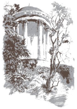 Ukrayna 'nın Chernihiv bölgesindeki parktaki göl kenarında klasik tarzda bir çardak çizimi. Vektör Otomatik İzleme Çizelgesi