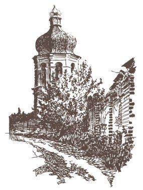 Çan kulesinin ve Chernihiv 'deki manastır duvarının el çizimi kahverengi mürekkep ve kalem çizimi manzarası. Vektör otomatik başlat