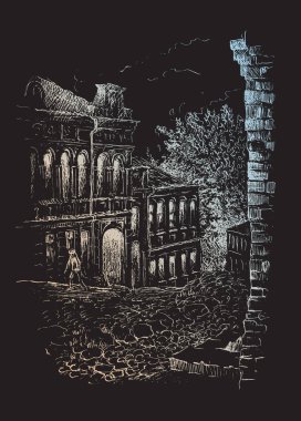 El yapımı klasik mürekkep ve kalem çizimi manzarası. Kiev şehrinin antik caddesindeki eski meskenler. Siyah arkaplanda gümüş çizim izi