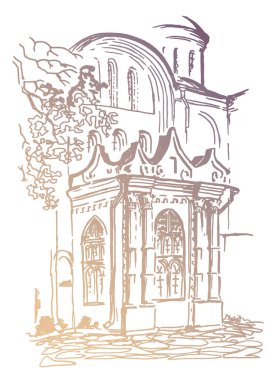 Chernihiv 'deki antik katedral binasının parçalarıyla el yapımı klasik çizim manzarası. Beyaz arkaplan üzerinde vektör izlenmiş altın gradyan renkli çizim