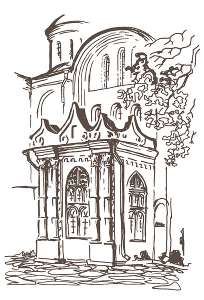 Ручний Малюнок Вінтажного Лінійного Ескізного Ландшафту Фрагментом Старовинного Будівлі Собору — стоковий вектор