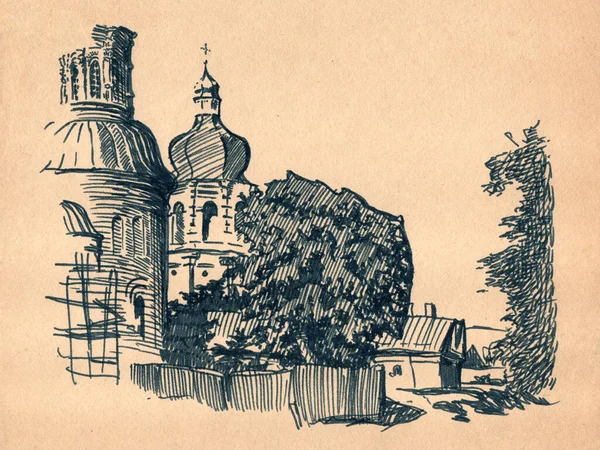 在一张褪了色的旧纸片 切尔尼赫夫修道院的庭院 教堂的底部 老树和住宅上手绘的墨水和笔画的风景 — 图库照片