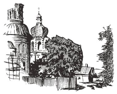 El çizimi mürekkep ve kalem çizimi peyzajı Chernihiv 'deki manastırın avlusu kilise, çan kulesi, eski ağaç ve ev. Vektör otomatik izleme