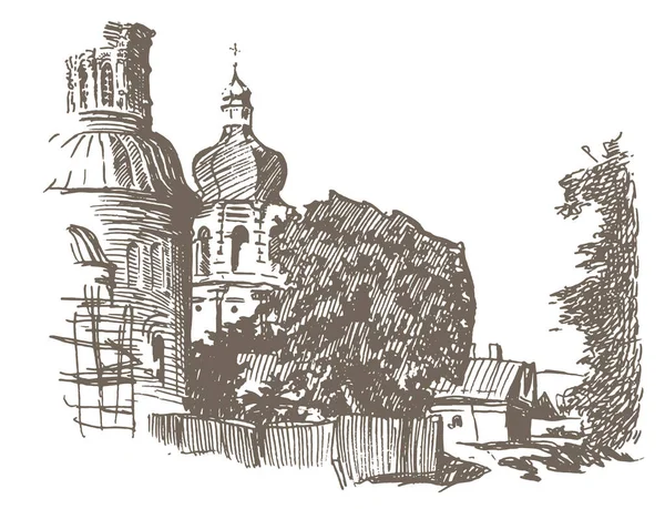 Hand Drawn Ink Pen Sketch Landscape Courtyard Monastery Chernihiv Apse — Stock Vector