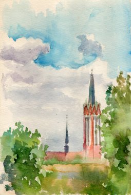 Watercolor sketch landscape, Catholic cathedral in the Bialystok city in Poland. Colorful illustration, vintage drawing