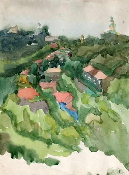 Esquisse Dessinée Main Aquarelle Une Petite Ville Avec Vieilles Maisons — Photo