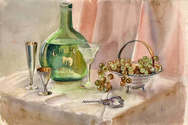 Watercolor Still Life Painting Bottle Green Transparent Glass Brandy Cupronickel — Stockfoto