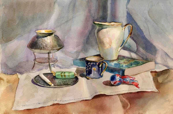 Watercolor Still Life Painting Hammered Turkish Coffee Cezve Pot Cobalt — Foto de Stock