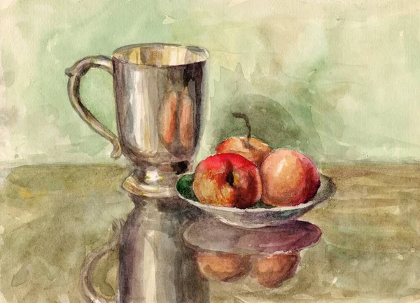 Watercolor Vintage Still Life Painting Cupronickel Silver Goblet Bowl Vase — ストック写真
